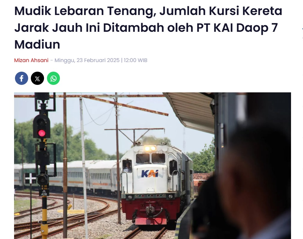 Mudik Lebaran Tenang, Jumlah Kursi Kereta Jarak Jauh Ini Ditambah oleh PT KAI Daop 7 Madiun