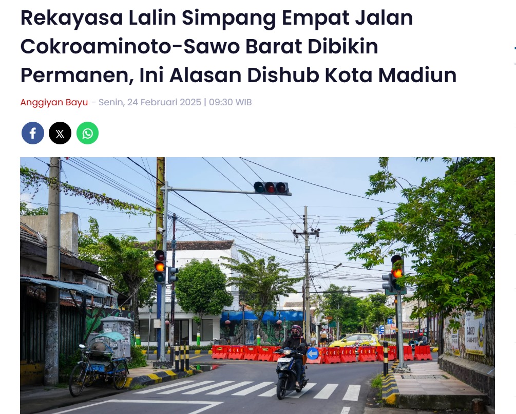 Rekayasa Lalin Simpang Empat Jalan Cokroaminoto-Sawo Barat Dibikin Permanen, Ini Alasan Dishub Kota Madiun