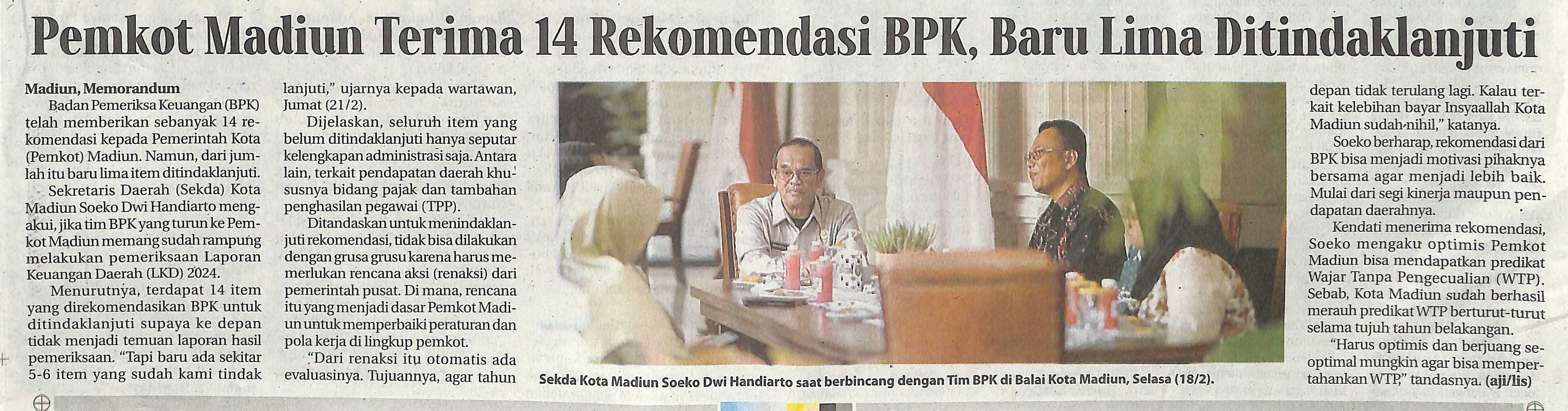 Pemkot Madiun Terima 14 Rekomendasi BPK, Baru Lima Ditindaklanjuti