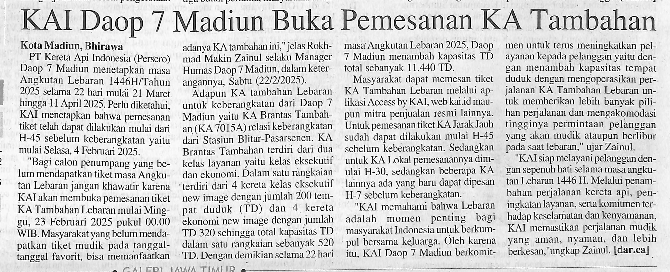 KAI Daop 7 Madiun Buka Pemesanan KA Tambahan