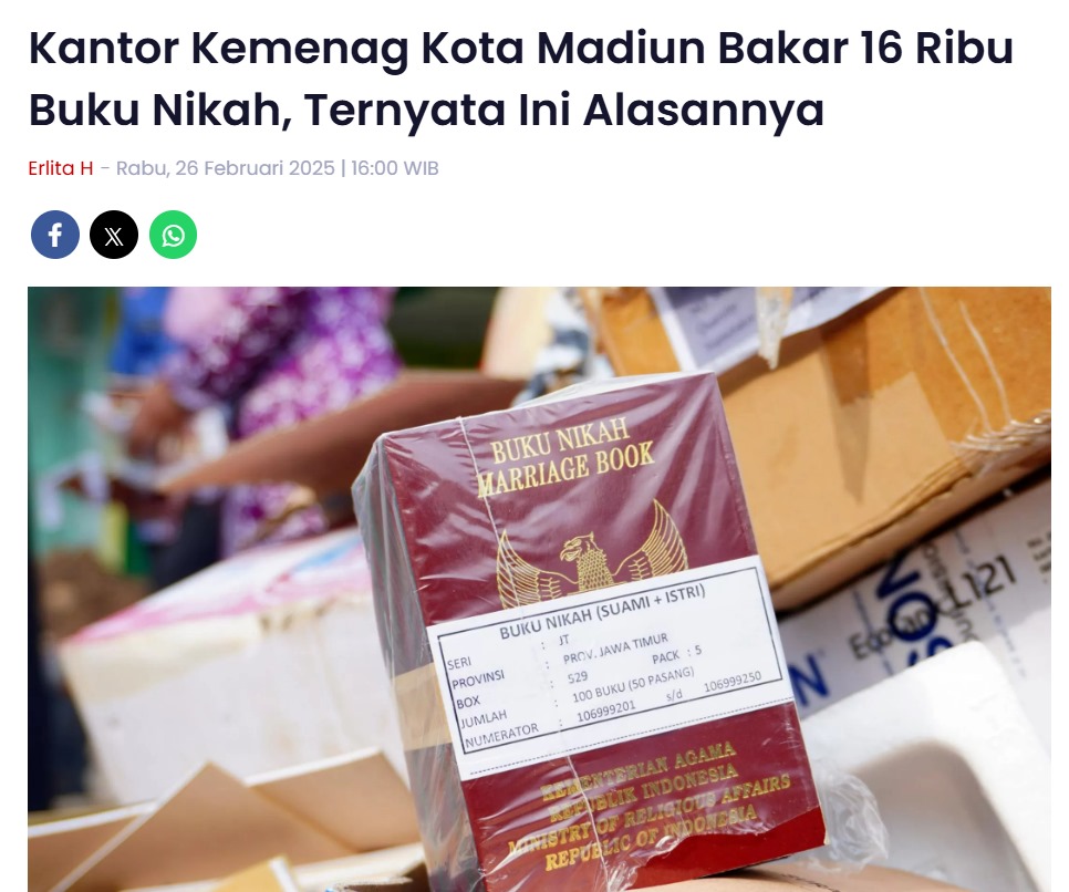 Kantor Kemenag Kota Madiun Bakar 16 Ribu Buku Nikah, Ternyata Ini Alasannya