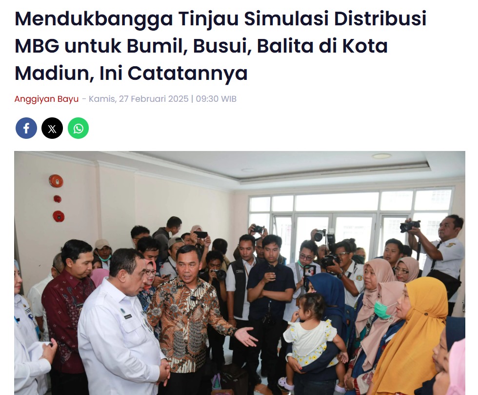 Mendukbangga Tinjau Simulasi Distribusi MBG untuk Bumil, Busui, Balita di Kota Madiun, Ini Catatannya