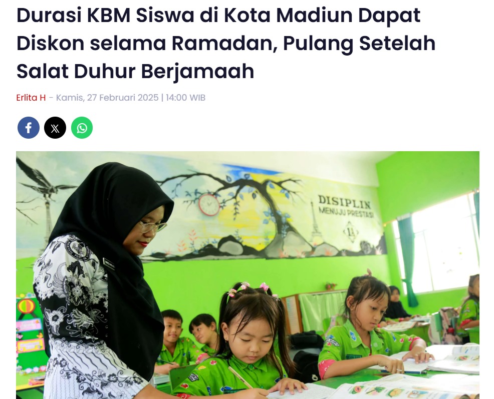 Durasi KBM Siswa di Kota Madiun Dapat Diskon selama Ramadan, Pulang Setelah Salat Duhur Berjamaah