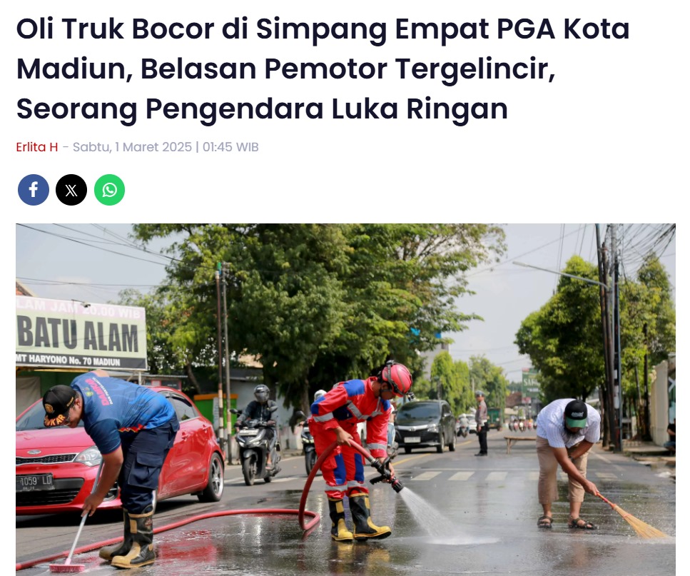 Oli Truk Bocor di Simpang Empat PGA Kota Madiun, Belasan Pemotor Tergelincir, Seorang Pengendara Luka Ringan