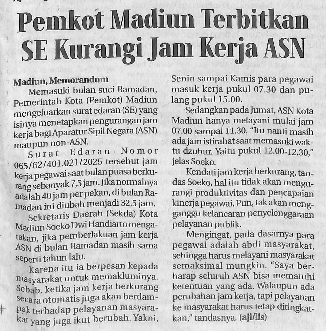 Pemkot Madiun Terbitkan SE Kurangi Jam Kerja ASN