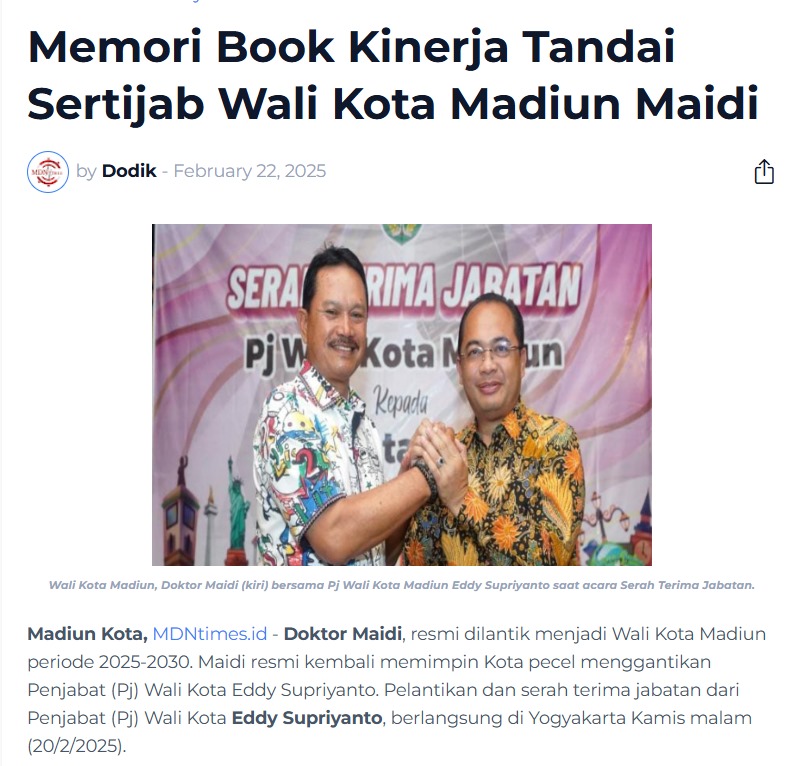 Memori Book Kinerja Tandai Sertijab Wali Kota Madiun Maidi