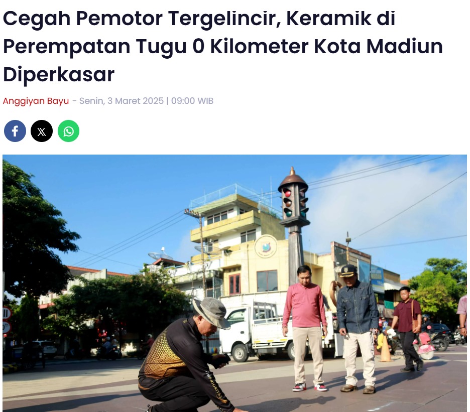 Cegah Pemotor Tergelincir, Keramik di Perempatan Tugu 0 Kilometer Kota Madiun Diperkasar