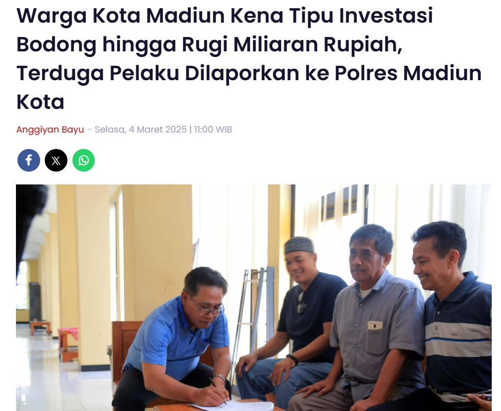Warga Kota Madiun Kena Tipu Investasi Bodong hingga Rugi Miliaran Rupiah, Terduga Pelaku Dilaporkan ke Polres Madiun Kota