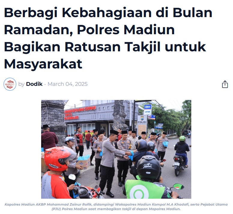 Berbagi Kebahagiaan di Bulan Ramadan, Polres Madiun Bagikan Ratusan Takjil untuk Masyarakat