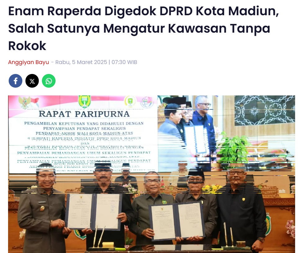 Enam Raperda Digedok DPRD Kota Madiun, Salah Satunya Mengatur Kawasan Tanpa Rokok