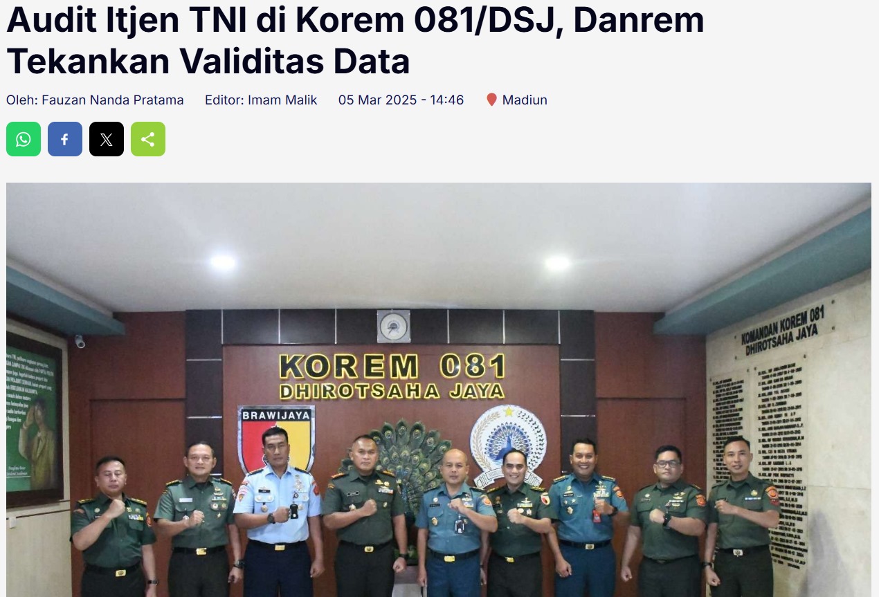 Audit Itjen TNI di Korem 081/DSJ, Danrem Tekankan Validitas Data