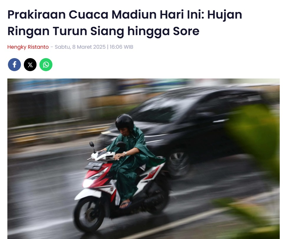 Prakiraan Cuaca Madiun Hari Ini: Hujan Ringan Turun Siang hingga Sore