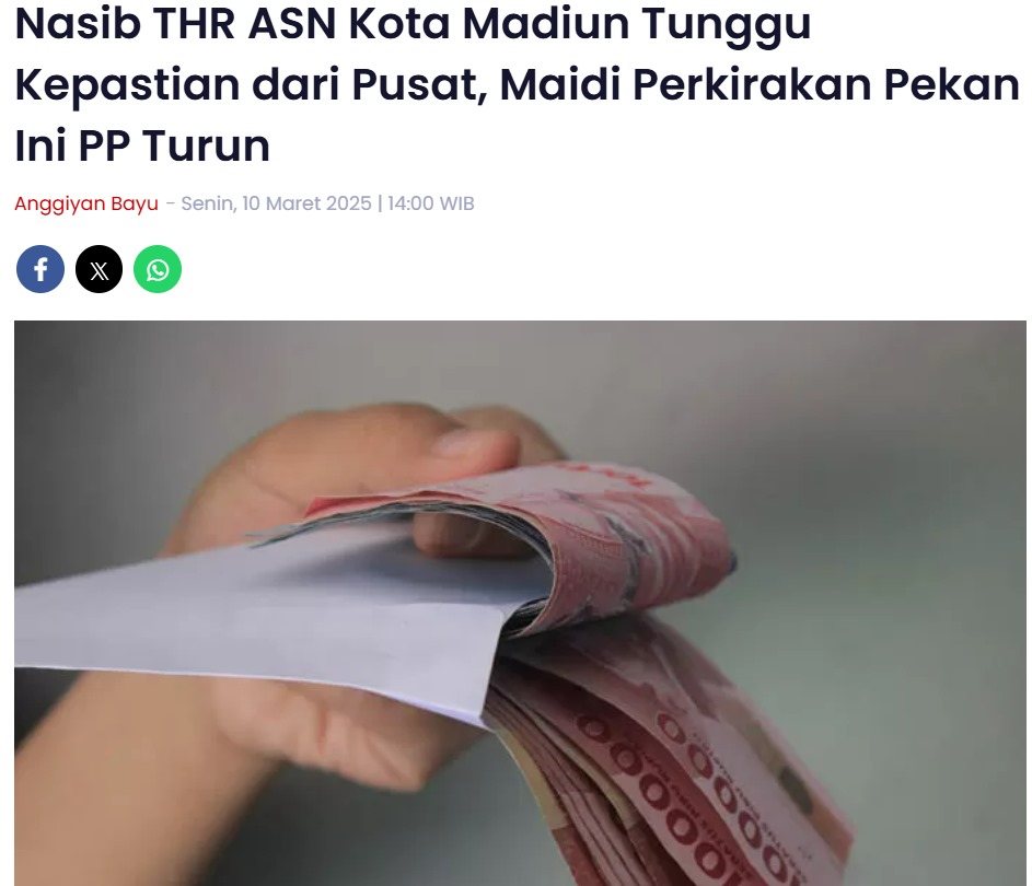 Nasib THR ASN Kota Madiun Tunggu Kepastian dari Pusat, Maidi Perkirakan Pekan Ini PP Turun