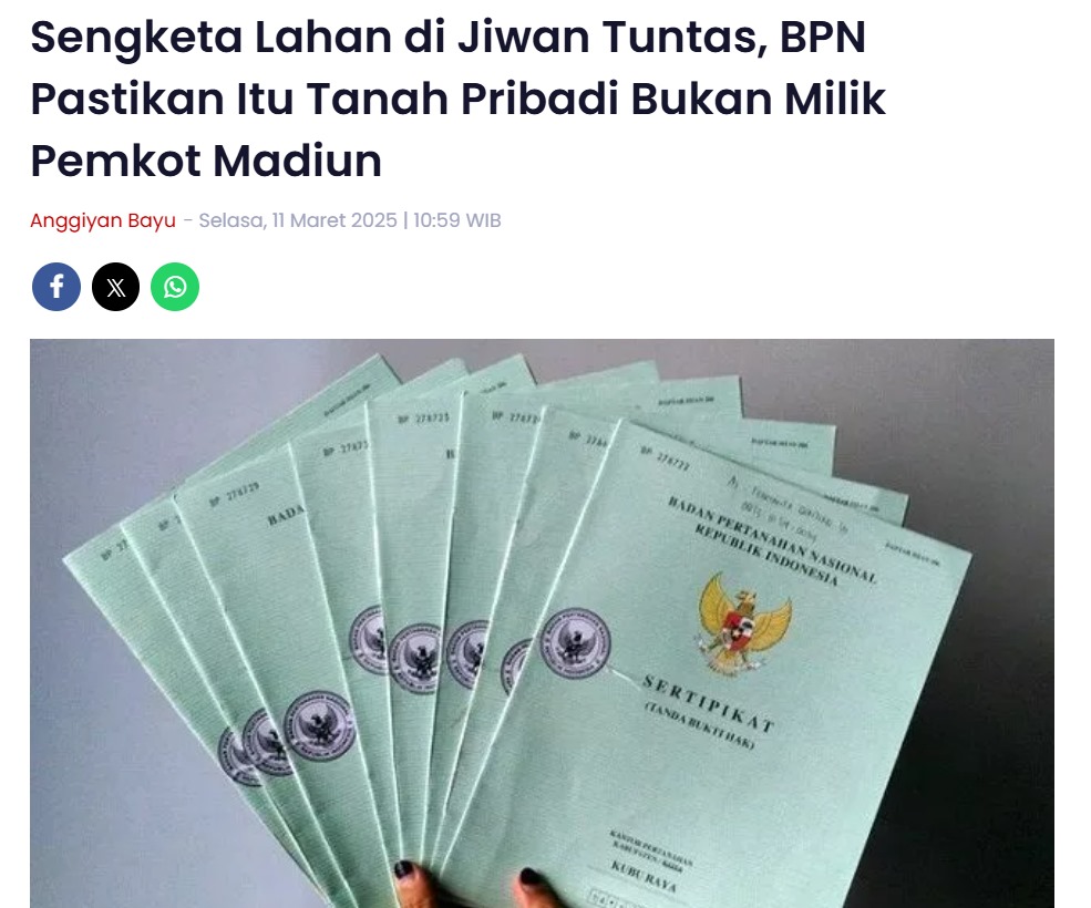 Sengketa Lahan di Jiwan Tuntas, BPN Pastikan Itu Tanah Pribadi Bukan Milik Pemkot Madiun