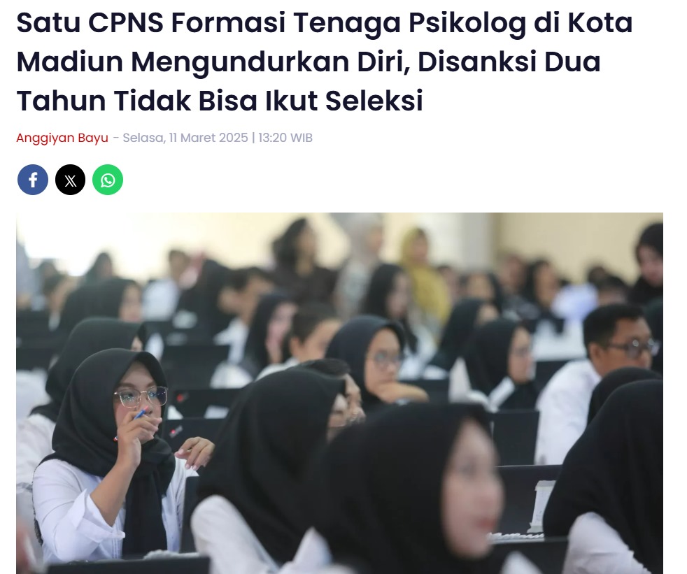 Satu CPNS Formasi Tenaga Psikolog di Kota Madiun Mengundurkan Diri, Disanksi Dua Tahun Tidak Bisa Ikut Seleksi