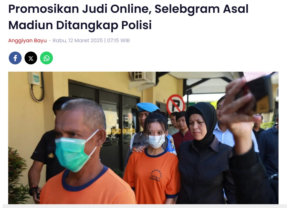 Promosikan Judi Online, Selebgram Asal Madiun Ditangkap Polisi