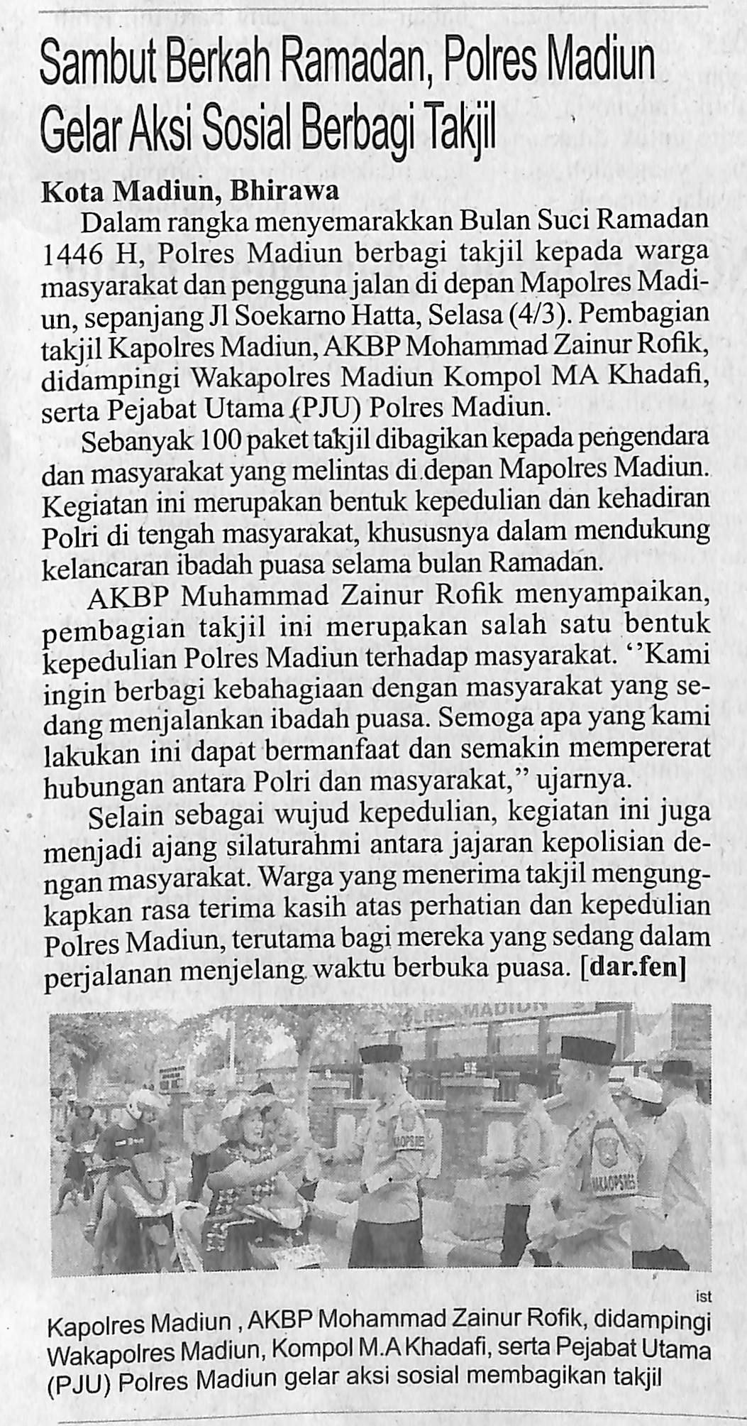 Sambut Berkah Ramadan, Polres Madiun Gelar Aksi Sosial Berbagi Takjil