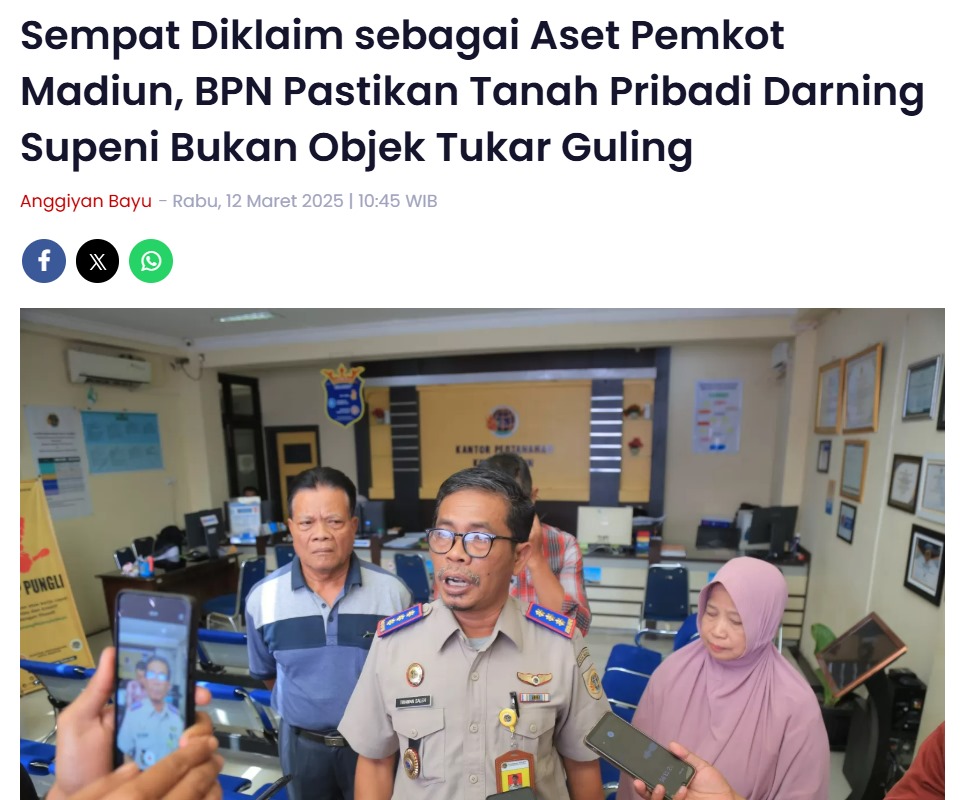 Sempat Diklaim sebagai Aset Pemkot Madiun, BPN Pastikan Tanah Pribadi Darning Supeni Bukan Objek Tukar Guling