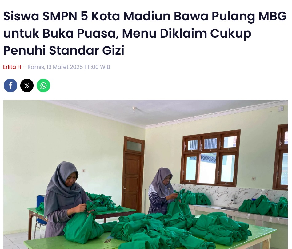 Siswa SMPN 5 Kota Madiun Bawa Pulang MBG untuk Buka Puasa, Menu Diklaim Cukup Penuhi Standar Gizi