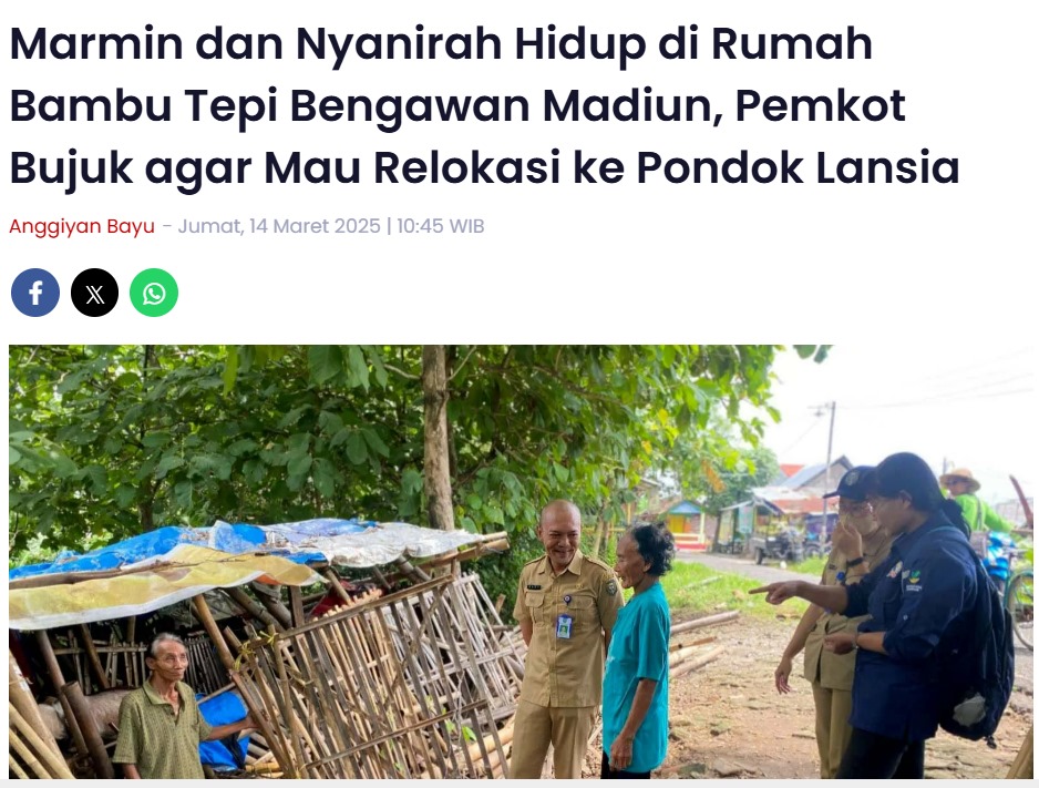 Marmin dan Nyanirah Hidup di Rumah Bambu Tepi Bengawan Madiun, Pemkot Bujuk agar Mau Relokasi ke Pondok Lansia