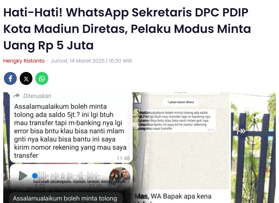 Hati-Hati! WhatsApp Sekretaris DPC PDIP Kota Madiun Diretas, Pelaku Modus Minta Uang Rp 5 Juta