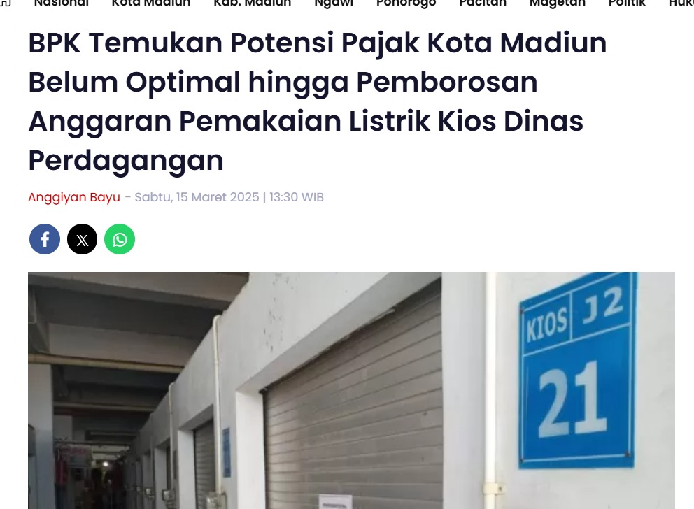 BPK Temukan Potensi Pajak Kota Madiun Belum Optimal hingga Pemborosan Anggaran Pemakaian Listrik Kios Dinas Perdagangan