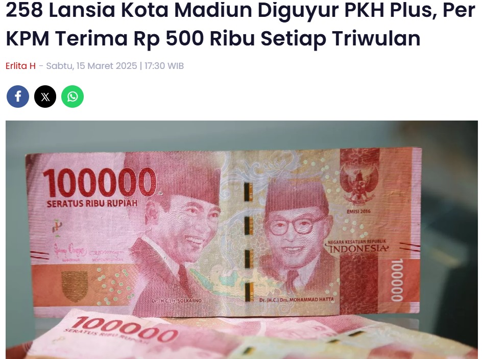 58 Lansia Kota Madiun Diguyur PKH Plus, Per KPM Terima Rp 500 Ribu Setiap Triwulan