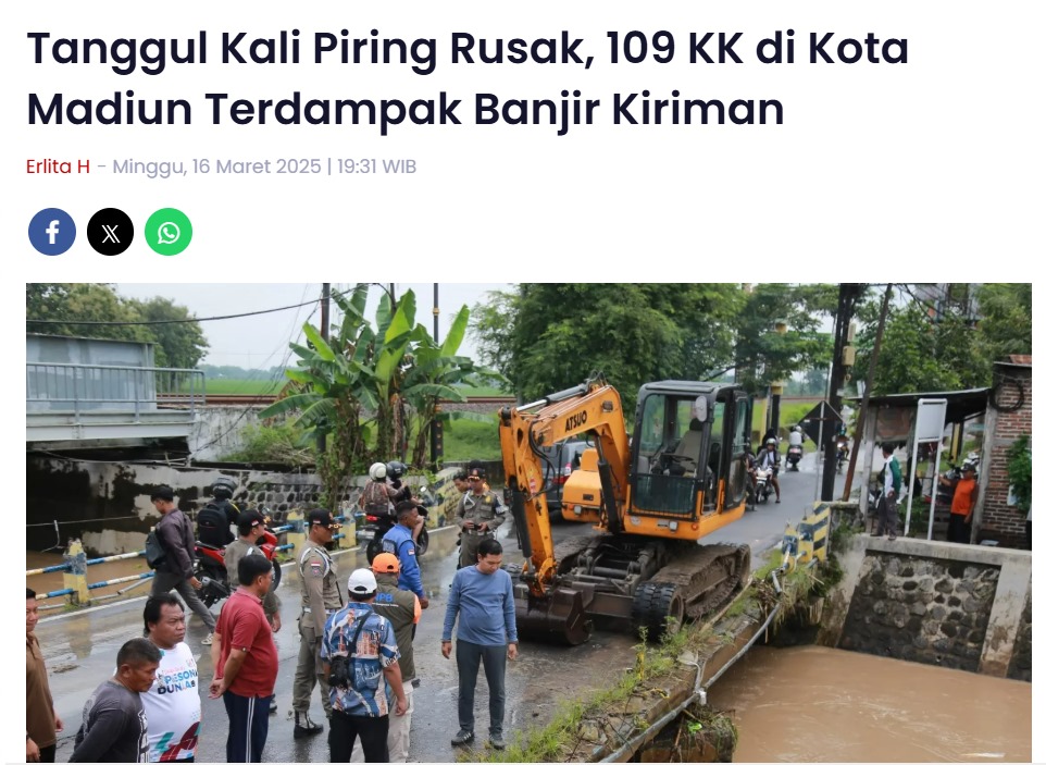 Tanggul Kali Piring Rusak, 109 KK di Kota Madiun Terdampak Banjir Kiriman
