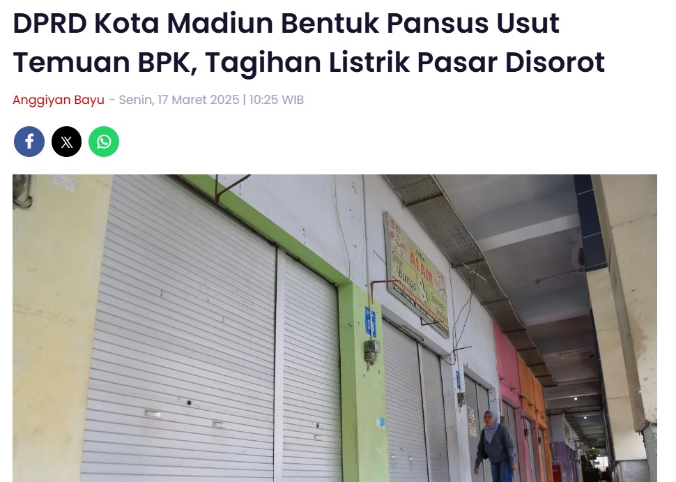DPRD Kota Madiun Bentuk Pansus Usut Temuan BPK, Tagihan Listrik Pasar Disorot