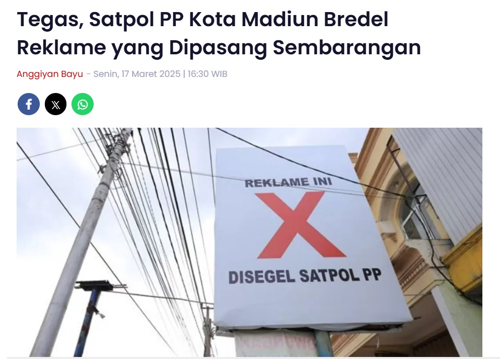 Tegas, Satpol PP Kota Madiun Bredel Reklame yang Dipasang Sembarangan