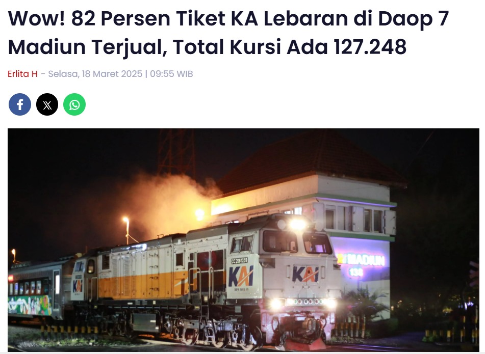 Wow! 82 Persen Tiket KA Lebaran di Daop 7 Madiun Terjual, Total Kursi Ada 127.248