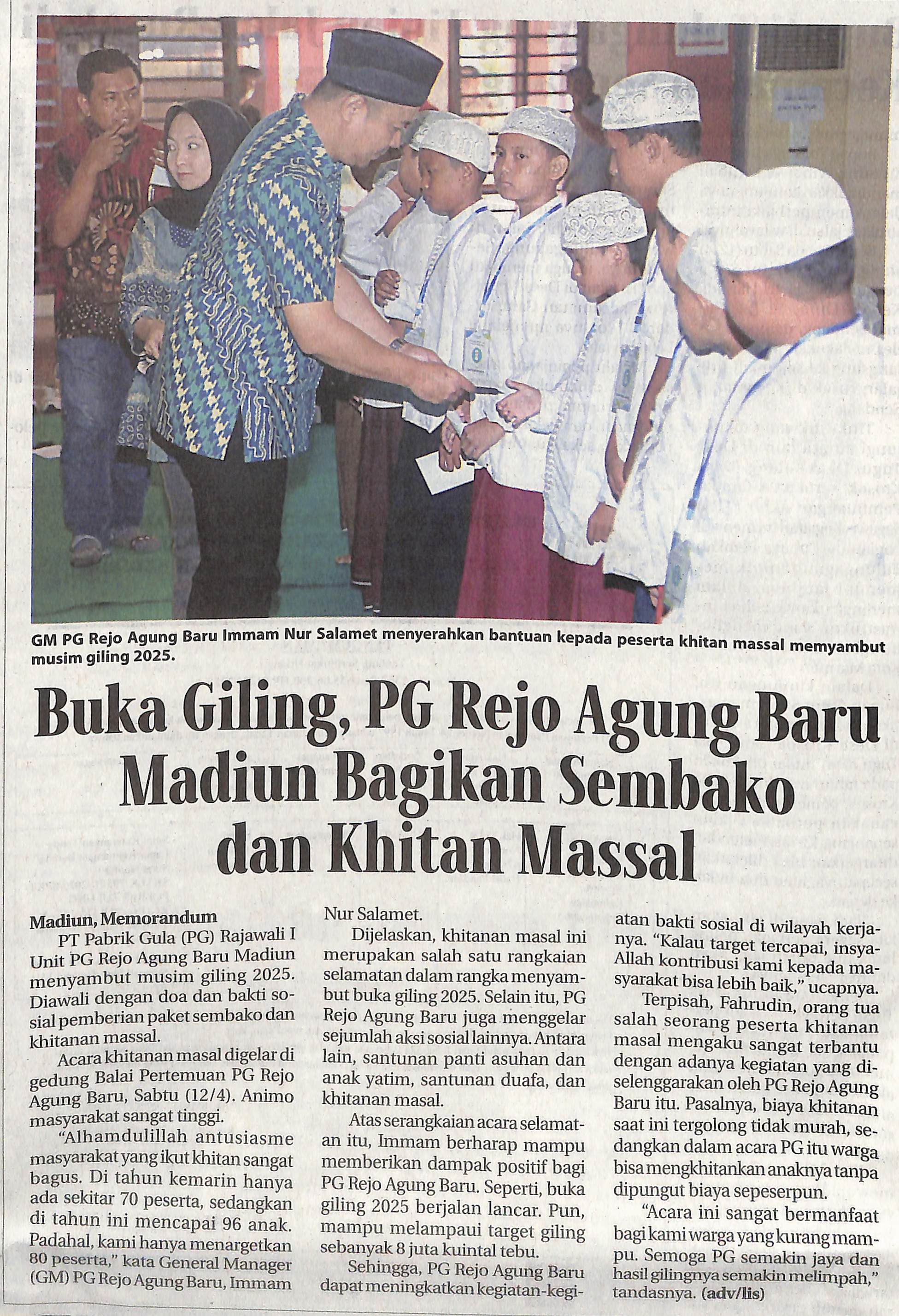 Buka Giling, PG Rejo Agung Baru Madiun Bagikan Sembako dan Khitan Massal