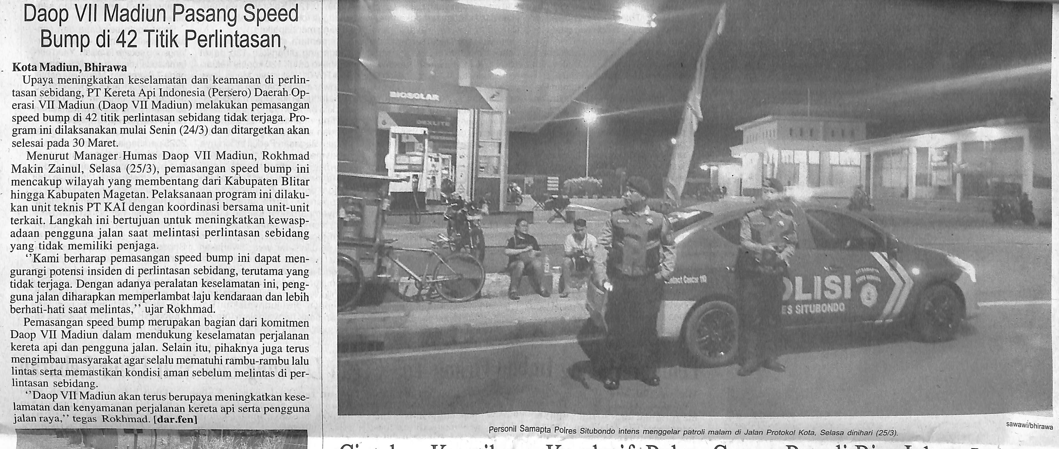 Daop VII Madiun Pasang Speed Bump di 42 Titik Perlintasan
