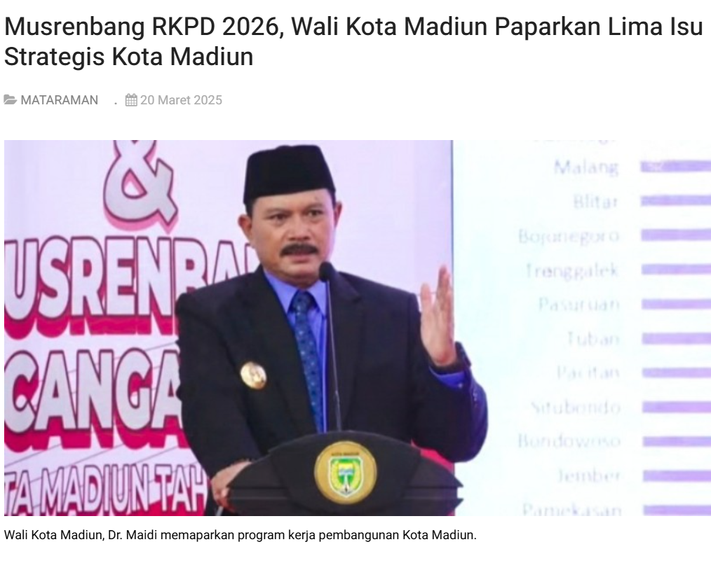 Musrenbang RKPD 2026, Wali Kota Madiun Paparkan Lima Isu Strategis Kota Madiun