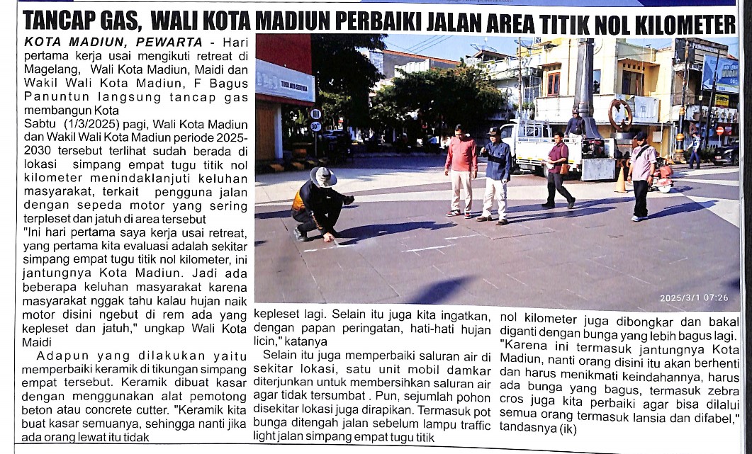 TANCAP GAS, WALI KOTA MADIUN PERBAIKI JALAN AREA TITIK NOL KILOMETER