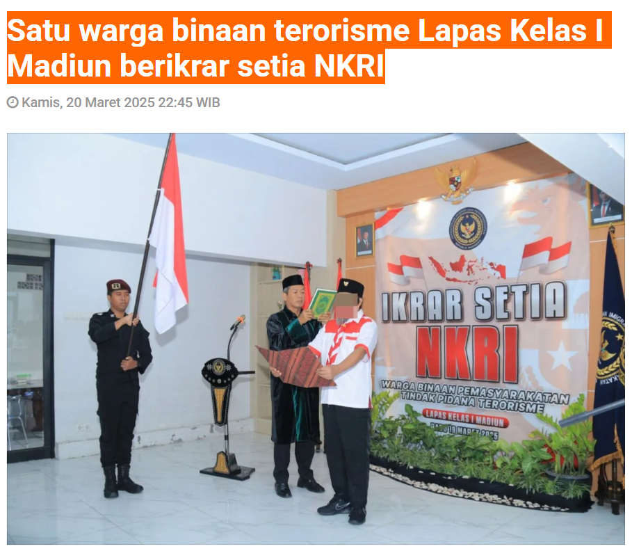Satu warga binaan terorisme Lapas Kelas I Madiun berikrar setia NKRI