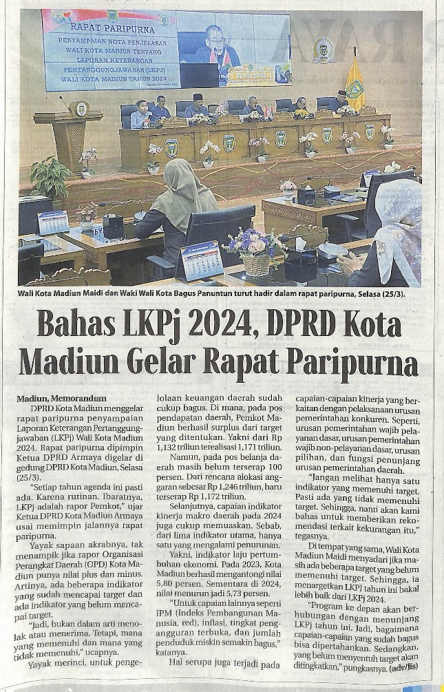 Bahas LKPj 2024, DPRD Kota Madiun Gelar Rapat Paripurna
