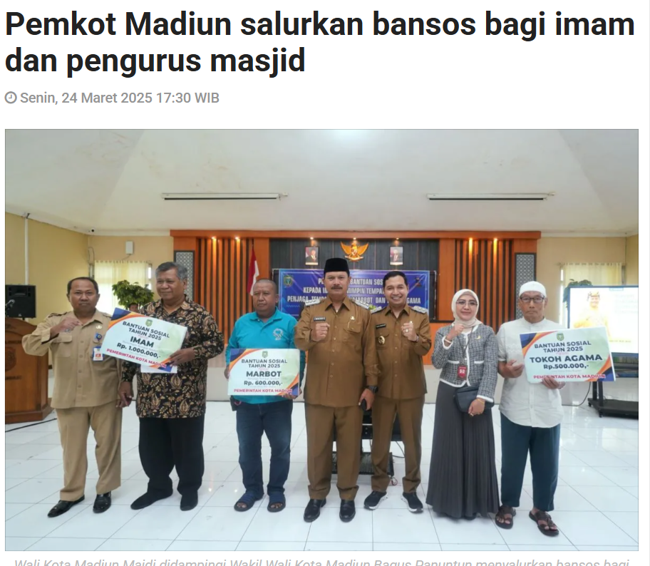 Pemkot Madiun salurkan bansos bagi imam dan pengurus masjid