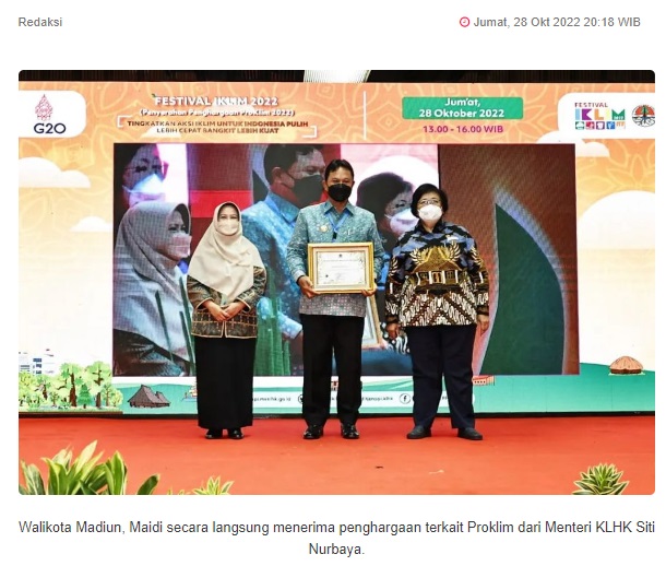 Pemkot Madiun Raih Penghargaan Proklim dari KLHK