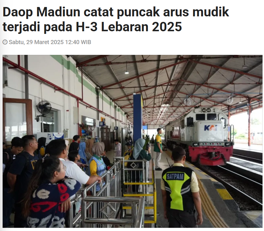 Daop Madiun catat puncak arus mudik terjadi pada H-3 Lebaran 2025