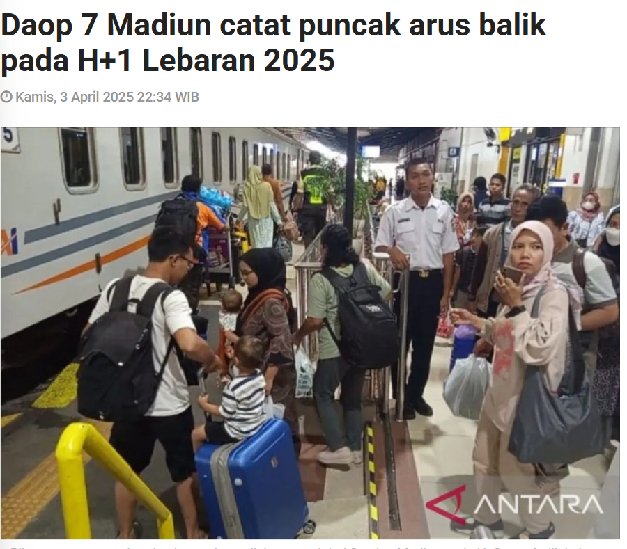 Daop 7 Madiun catat puncak arus balik pada H plus 1 Lebaran 2025