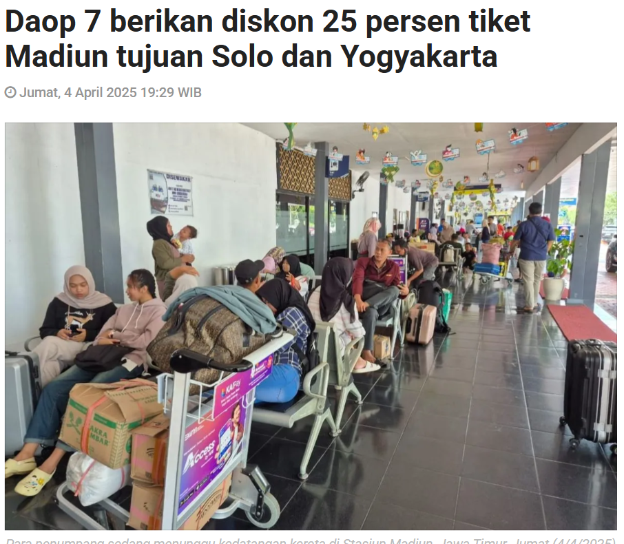 Daop 7 berikan diskon 25 persen tiket Madiun tujuan Solo dan Yogyakarta