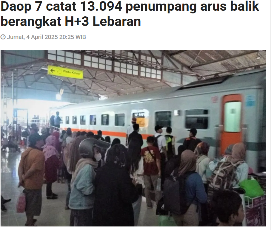 Daop 7 catat 13.094 penumpang arus balik berangkat H plus 3 Lebaran
