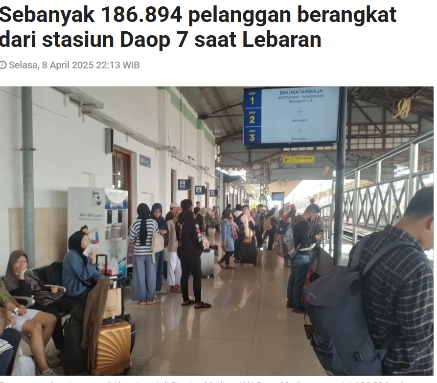 Sebanyak 186.894 pelanggan berangkat dari stasiun Daop 7 saat Lebaran