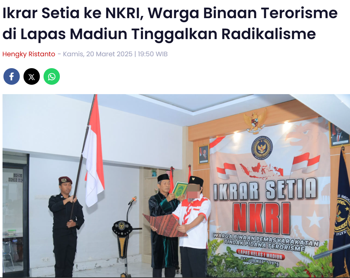 Ikrar Setia ke NKRI, Warga Binaan Terorisme di Lapas Madiun Tinggalkan Radikalisme