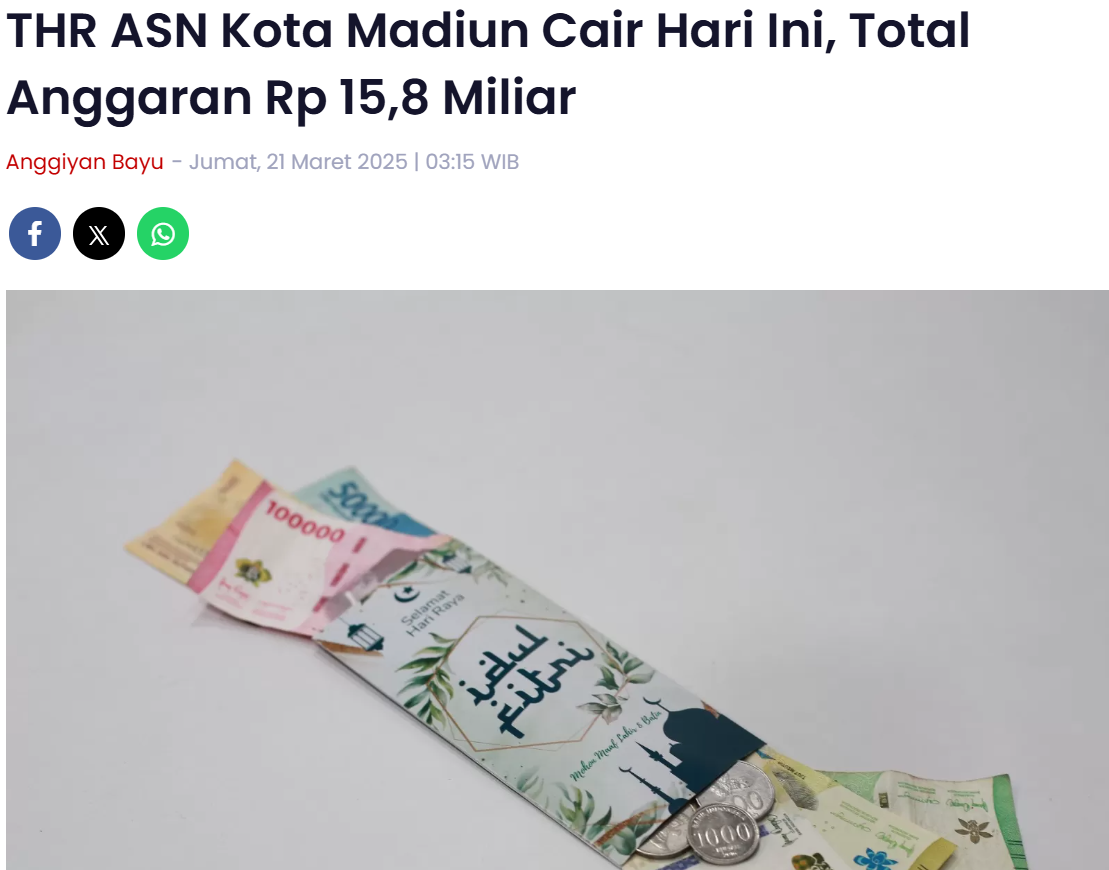 THR ASN Kota Madiun Cair Hari Ini, Total Anggaran Rp 15,8 Miliar