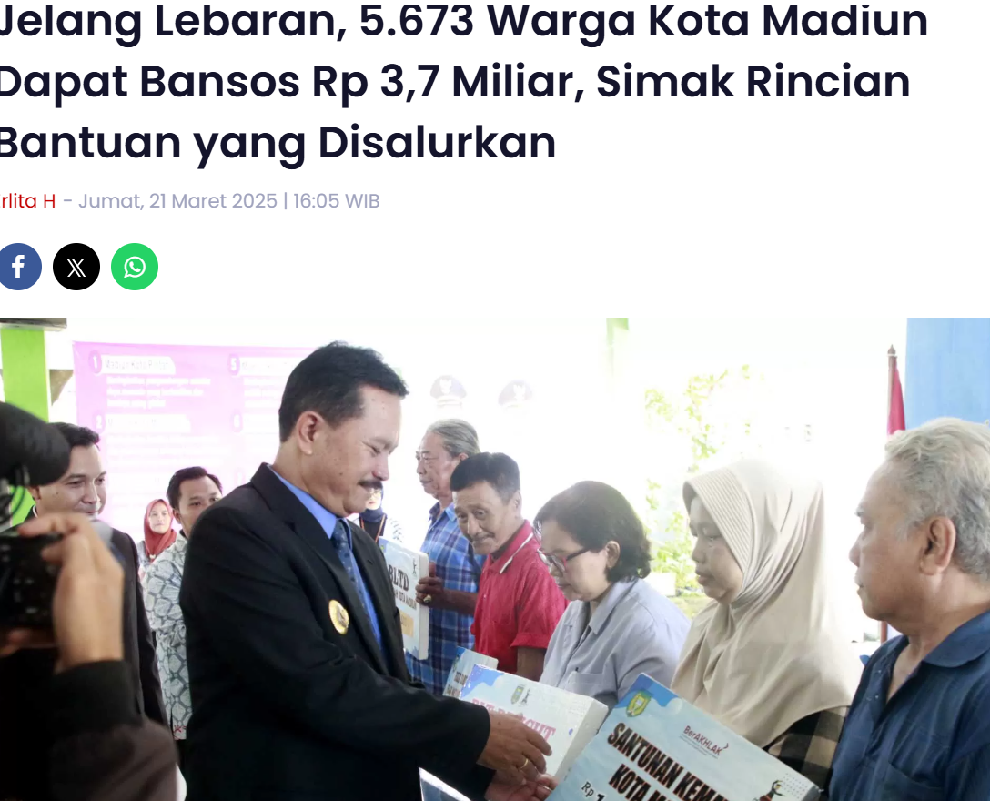Jelang Lebaran, 5.673 Warga Kota Madiun Dapat Bansos Rp 3,7 Miliar, Simak Rincian Bantuan yang Disalurkan