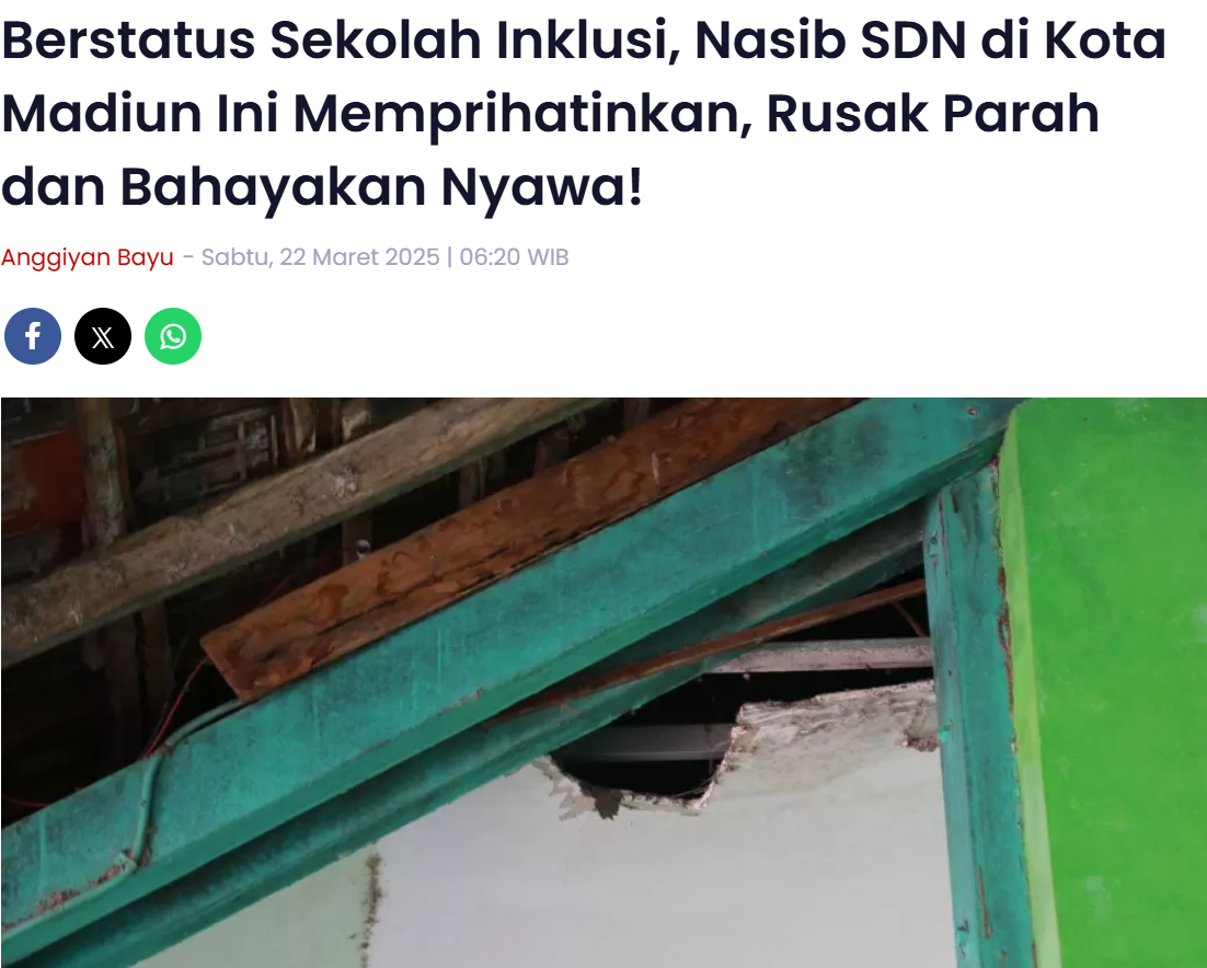 Berstatus Sekolah Inklusi, Nasib SDN di Kota Madiun Ini Memprihatinkan, Rusak Parah dan Bahayakan Nyawa!