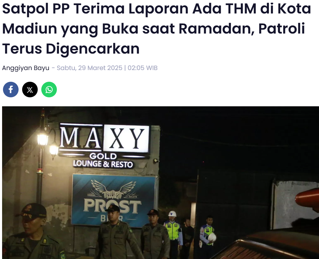 Satpol PP Terima Laporan Ada THM di Kota Madiun yang Buka saat Ramadan, Patroli Terus Digencarkan