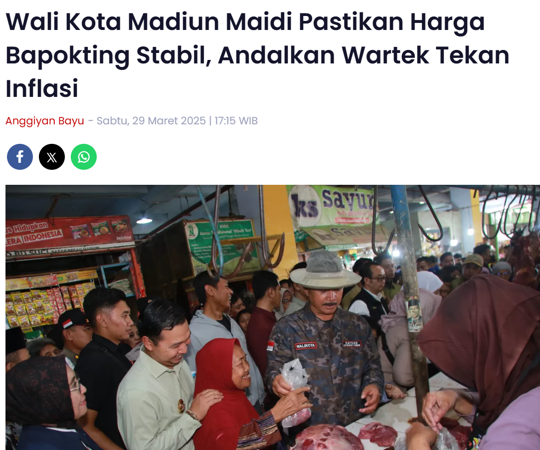 Wali Kota Madiun Maidi Pastikan Harga Bapokting Stabil, Andalkan Wartek Tekan Inflasi